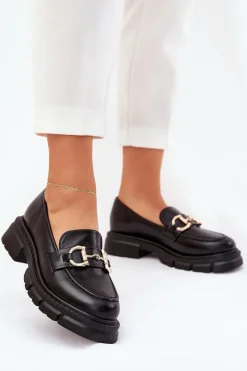 Mokasyny Damskie Eko Skórzane Ze Złotym Detalem Czarne Ravalissea