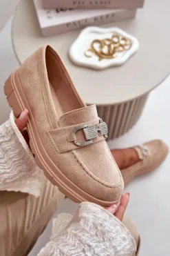 Mokasyny Damskie Eko Zamszowe Z Ozdobą Beżowe Wistera