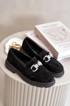 Mokasyny Damskie Eko Zamszowe Z Ozdobą Czarne Wistera