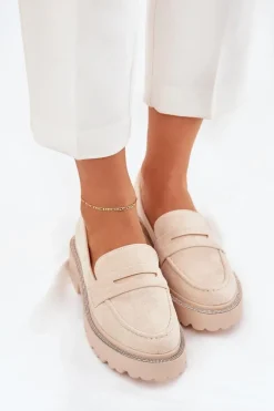 Mokasyny Damskie Eko Zamszowe Z Cyrkoniami Beżowe Wilamla