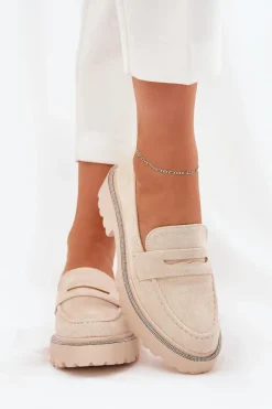 Mokasyny Damskie Eko Zamszowe Z Cyrkoniami Beżowe Wilamla