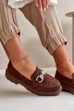 Mokasyny Damskie Eko Zamszowe Z Ozdobą Brązowe Wistera