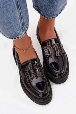 Mokasyny Damskie Lakierowane Z Ozdobą Czarne Ysandra