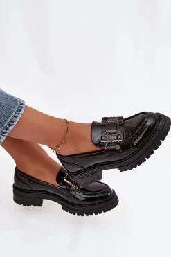 Mokasyny Damskie Lakierowane Z Ozdobą Czarne Ysandra