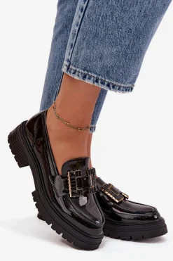 Mokasyny Damskie Lakierowane Z Ozdobą Czarne Ysandra