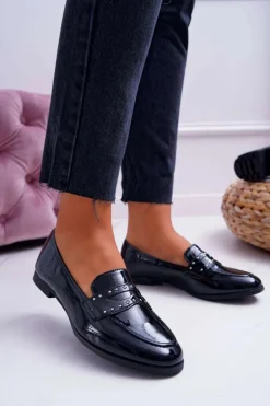 Mokasyny Damskie Lakierowane Loafery Lordsy Czarne Tenes