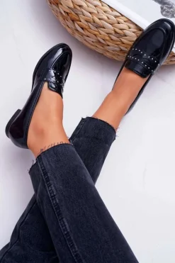 Mokasyny Damskie Lakierowane Loafery Lordsy Czarne Tenes