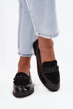 Mokasyny Damskie Lakierowane Z Koralikami S.Barski HY52-541 Czarne