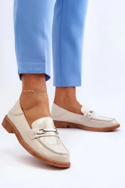 Mokasyny Damskie Lakierowane Beżowe Nurea
