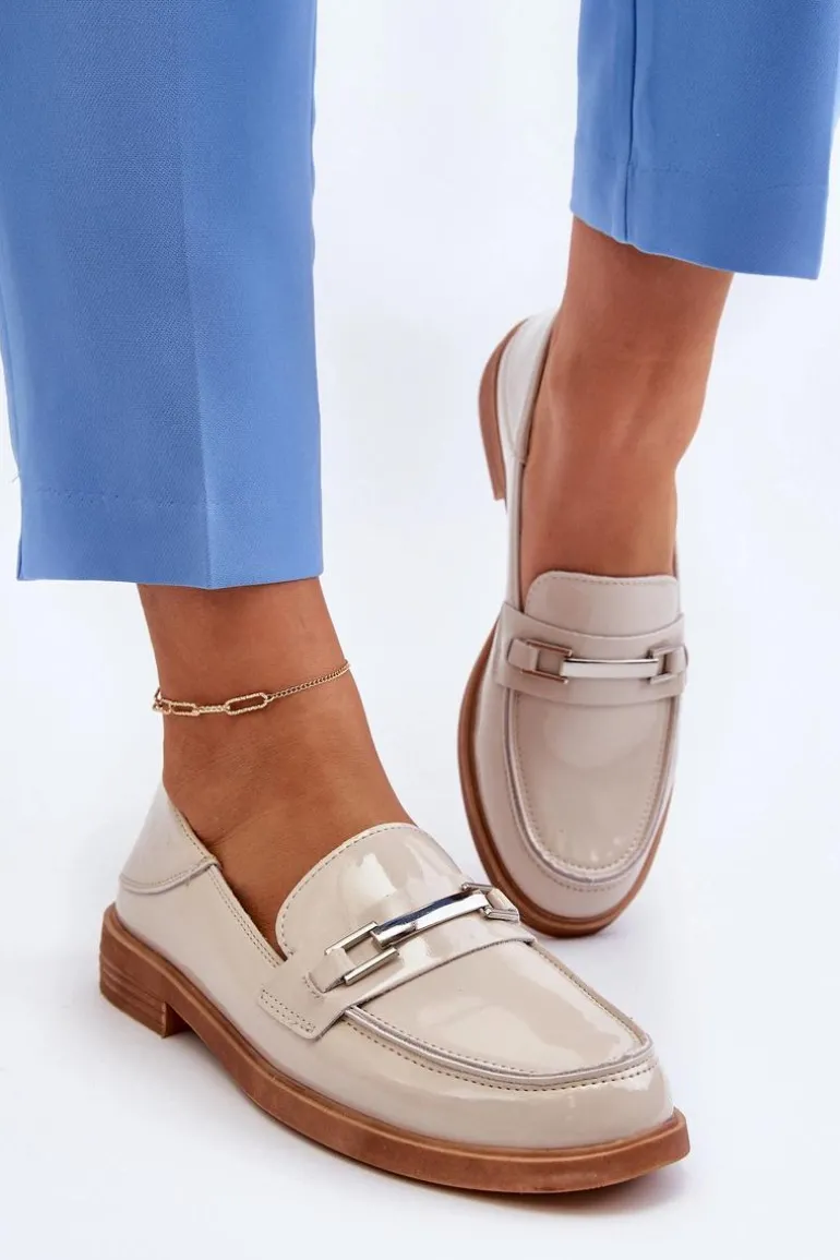 Mokasyny Damskie Lakierowane Beżowe Nurea