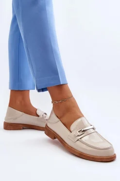 Mokasyny Damskie Lakierowane Beżowe Nurea