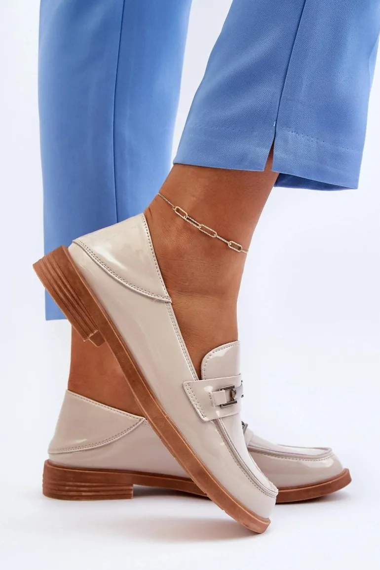 Mokasyny Damskie Lakierowane Beżowe Nurea