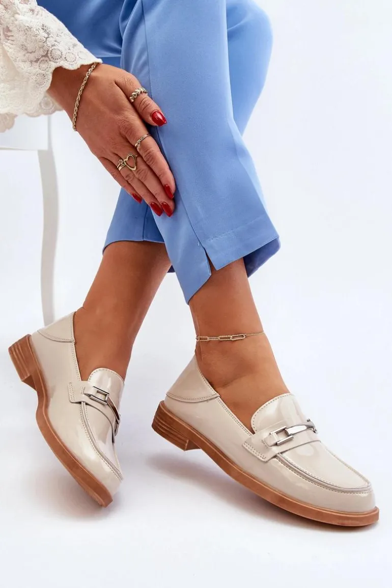 Mokasyny Damskie Lakierowane Beżowe Nurea