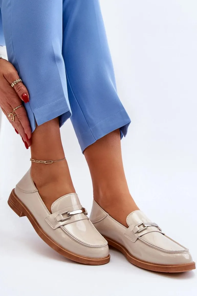 Mokasyny Damskie Lakierowane Beżowe Nurea