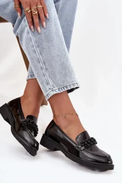 Mokasyny Damskie Lakierowane Z Koralikami S.Barski HY52-541 Czarne