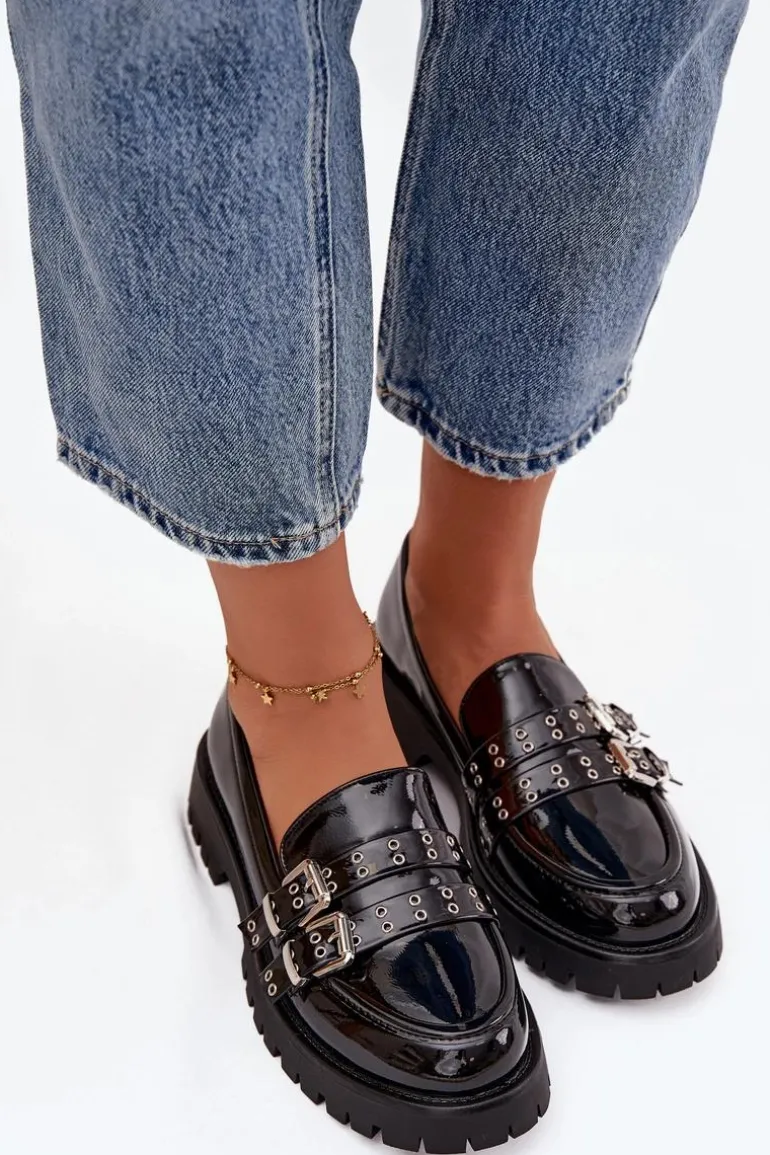 Mokasyny Damskie Lakierowane Z Paskami I Srebrnymi Klamrami Czarne Gabrisse