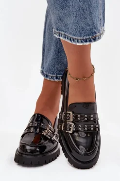 Mokasyny Damskie Lakierowane Z Paskami I Srebrnymi Klamrami Czarne Gabrisse