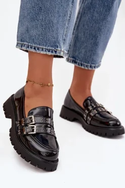 Mokasyny Damskie Lakierowane Z Paskami I Srebrnymi Klamrami Czarne Gabrisse