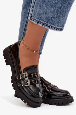 Mokasyny Damskie Lakierowane Z Paskami I Srebrnymi Klamrami Czarne Gabrisse