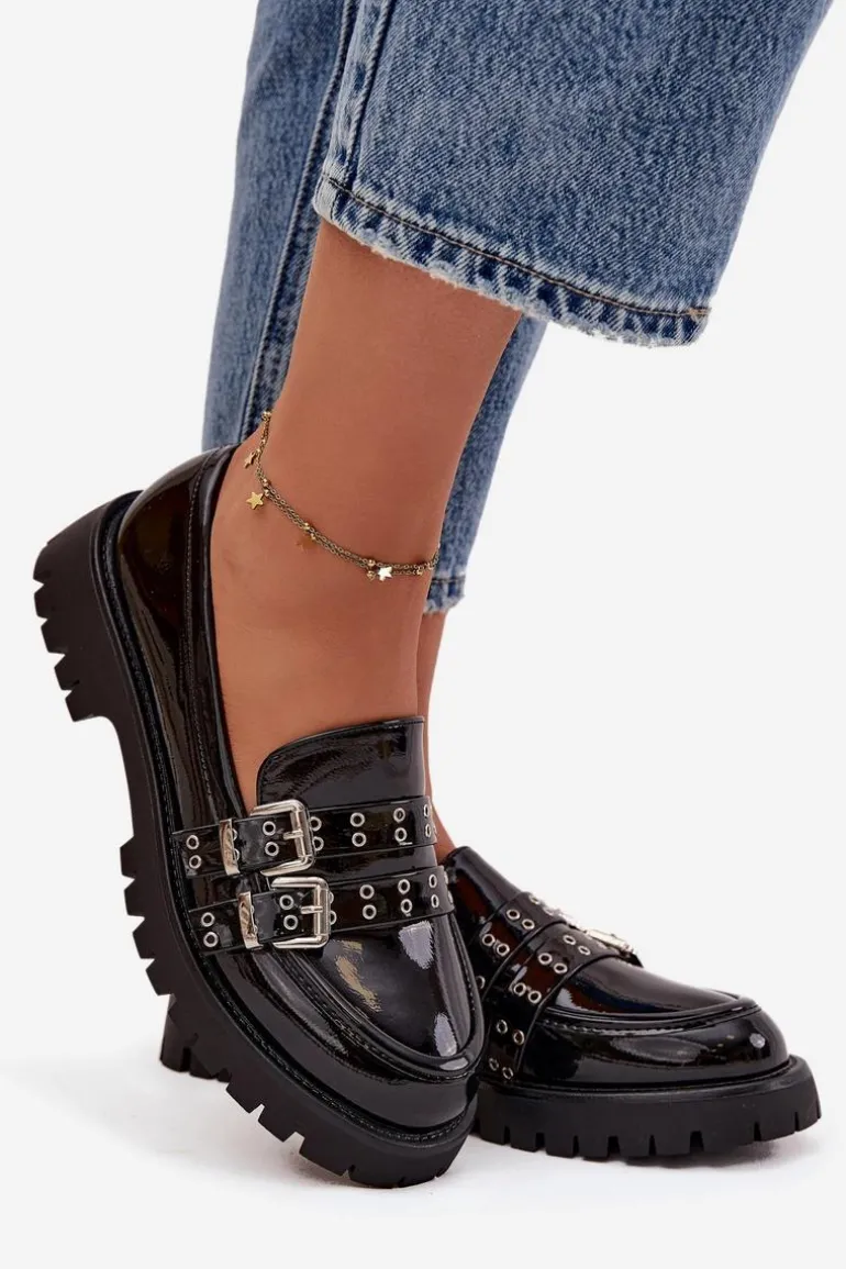 Mokasyny Damskie Lakierowane Z Paskami I Srebrnymi Klamrami Czarne Gabrisse