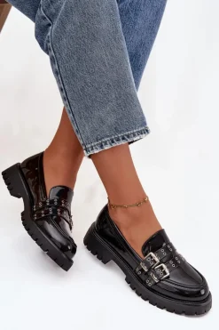 Mokasyny Damskie Lakierowane Z Paskami I Srebrnymi Klamrami Czarne Gabrisse