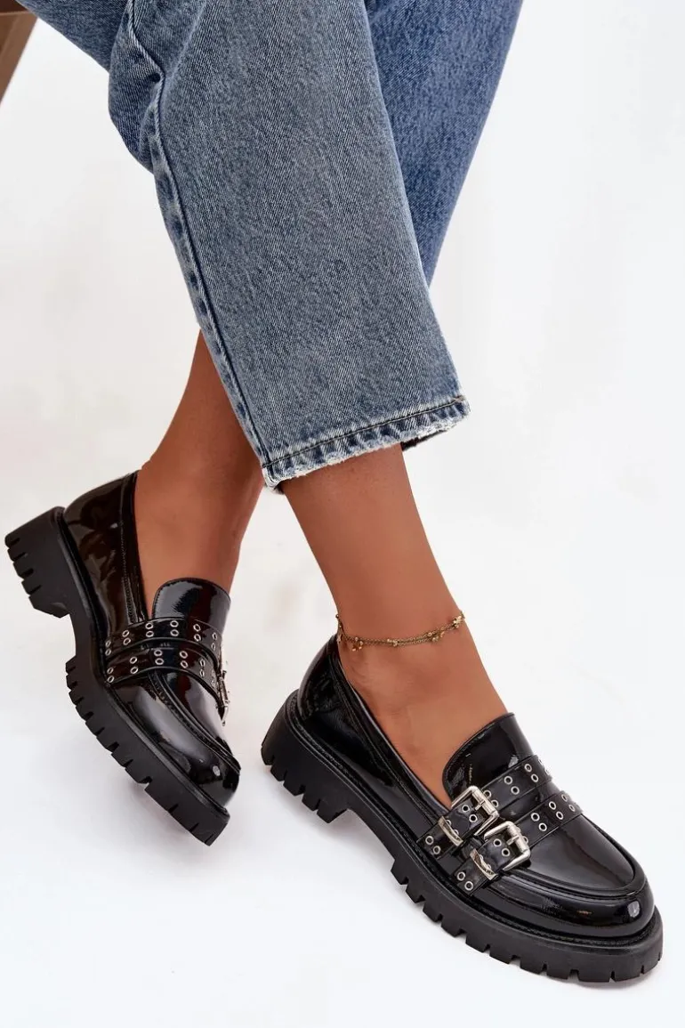 Mokasyny Damskie Lakierowane Z Paskami I Srebrnymi Klamrami Czarne Gabrisse