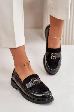 Mokasyny Damskie Lakierowane Z Misiem Czarne S.Barski HY42-339A