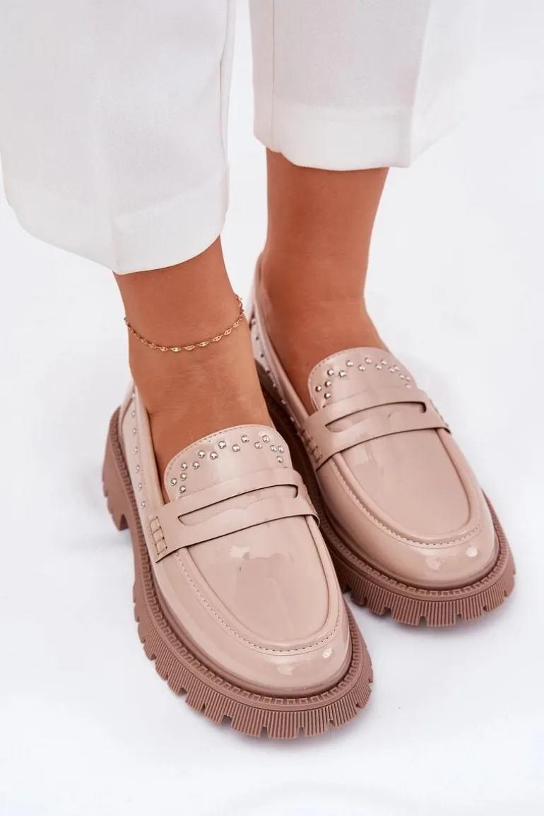 Mokasyny Damskie Lakierowane Ze Zdobieniem Beżowe Nallae