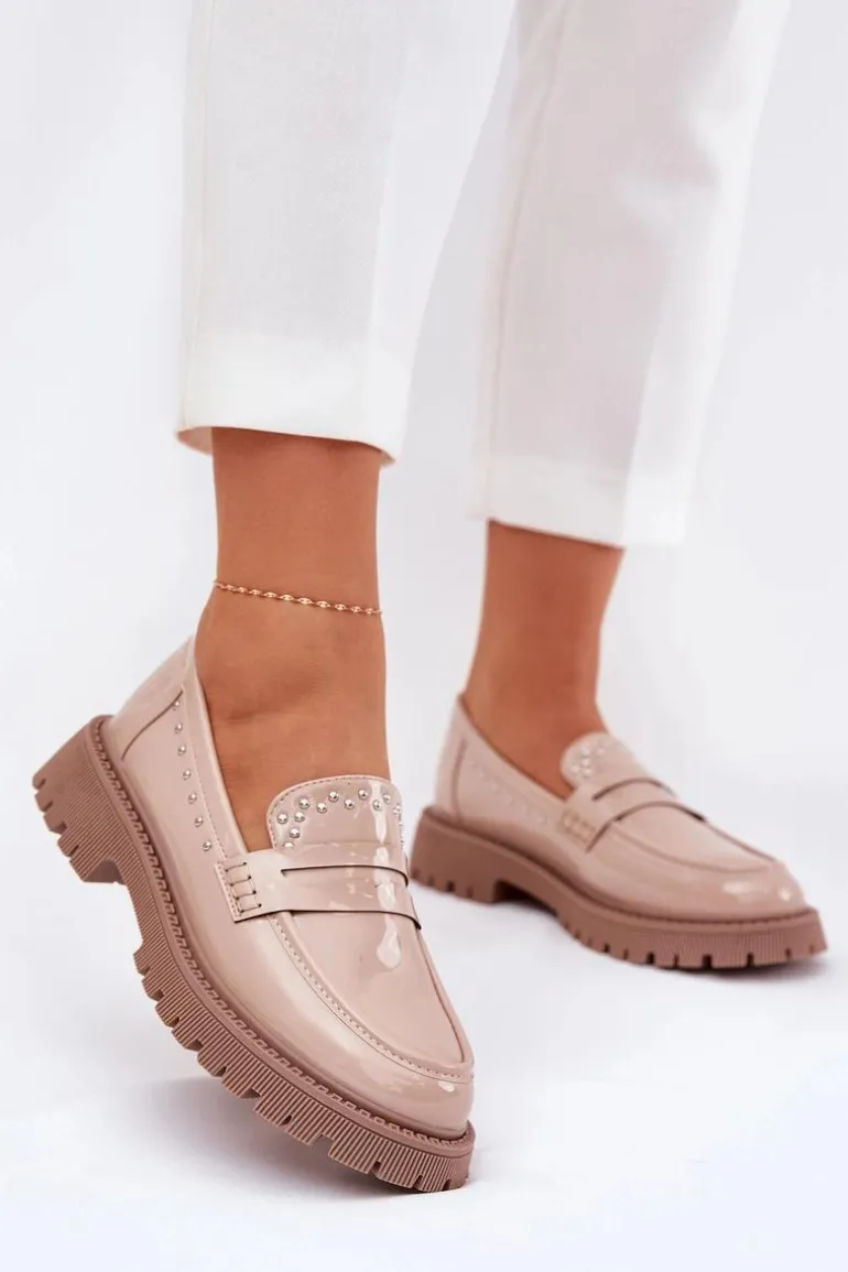 Mokasyny Damskie Lakierowane Ze Zdobieniem Beżowe Nallae