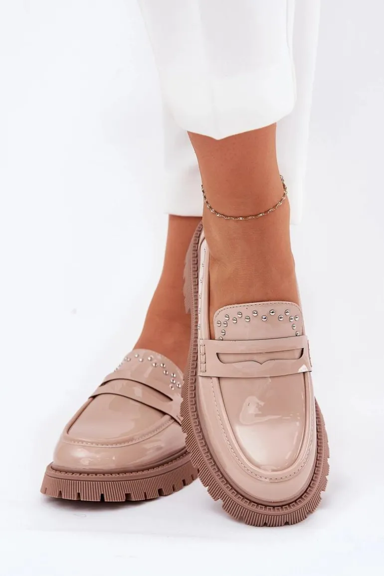 Mokasyny Damskie Lakierowane Ze Zdobieniem Beżowe Nallae