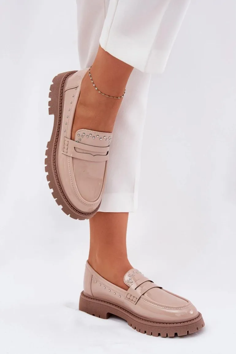 Mokasyny Damskie Lakierowane Ze Zdobieniem Beżowe Nallae