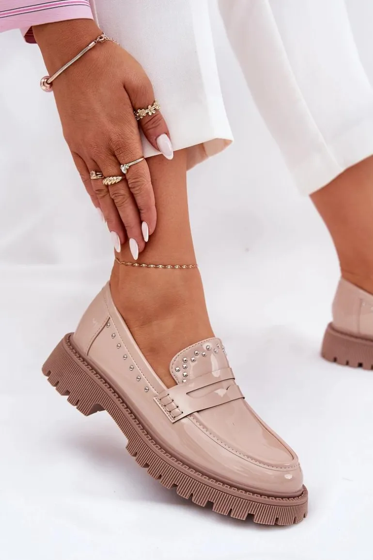 Mokasyny Damskie Lakierowane Ze Zdobieniem Beżowe Nallae