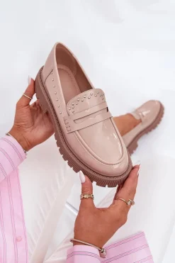 Mokasyny Damskie Lakierowane Ze Zdobieniem Beżowe Nallae