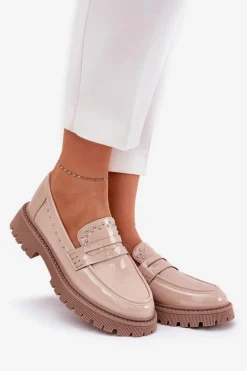 Mokasyny Damskie Lakierowane Ze Zdobieniem Beżowe Nallae