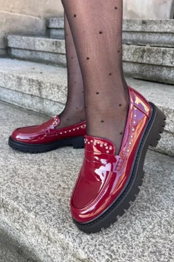 Mokasyny Damskie Lakierowane Ze Zdobieniem Bordowe Nallae