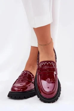 Mokasyny Damskie Lakierowane Ze Zdobieniem Bordowe Nallae