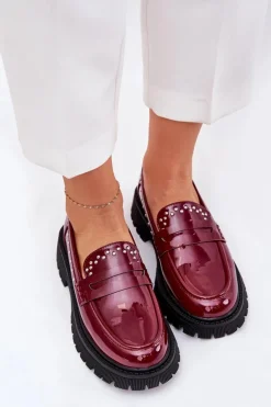 Mokasyny Damskie Lakierowane Ze Zdobieniem Bordowe Nallae