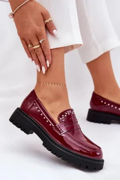 Mokasyny Damskie Lakierowane Ze Zdobieniem Bordowe Nallae
