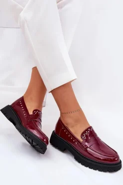 Mokasyny Damskie Lakierowane Ze Zdobieniem Bordowe Nallae