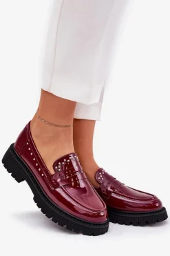 Mokasyny Damskie Lakierowane Ze Zdobieniem Bordowe Nallae
