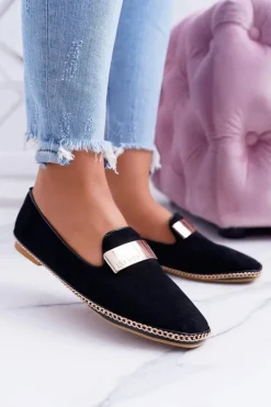 Mokasyny Damskie Lu Boo Czarne Złoty Łańcuch Panama