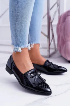 Mokasyny Damskie Lu Boo Czarne Lakierowane Loafer