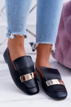 Mokasyny Damskie Lu Boo Czarne Licowe Z Blaszką Harlem