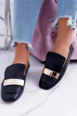 Mokasyny Damskie Lu Boo Czarne Licowe Z Blaszką Harlem