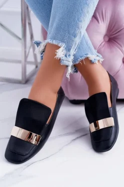 Mokasyny Damskie Lu Boo Czarne Licowe Z Blaszką Harlem