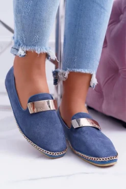 Mokasyny Damskie Lu Boo Granatowe Łańcuch Zamsz Panama