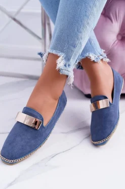 Mokasyny Damskie Lu Boo Granatowe Łańcuch Zamsz Panama