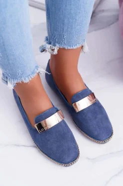 Mokasyny Damskie Lu Boo Granatowe Łańcuch Zamsz Panama