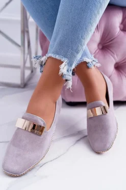 Mokasyny Damskie Lu Boo Szare Złoty Łańcuch Panama