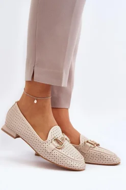 Mokasyny Damskie Na Płaskim Obcasie Z Ozdobą Beżowe Iluvana